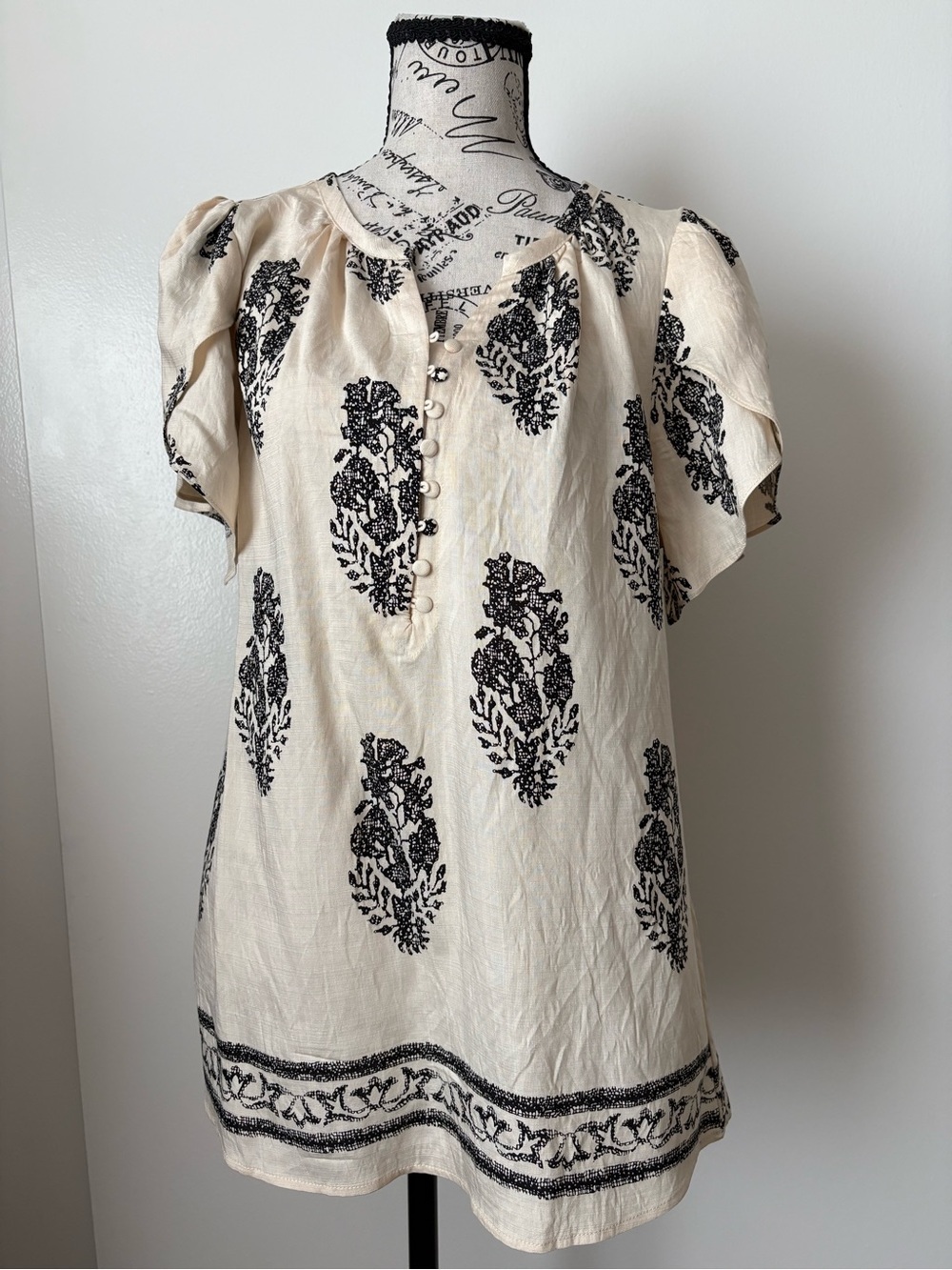 Embroidered Cream Peasant Blouse with Black Motif